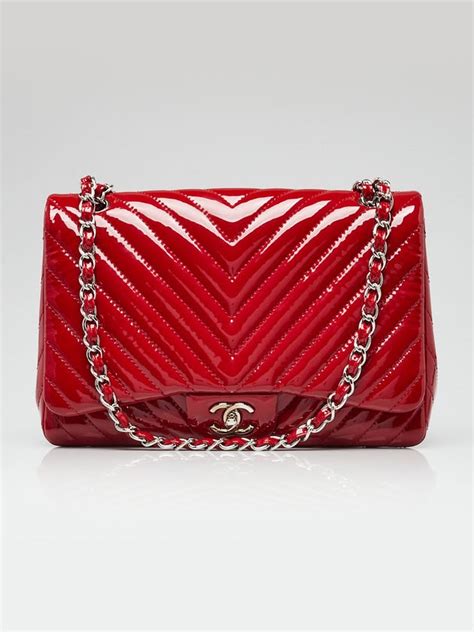 Chanel Red Chevron Quilted Patent Leather Classic Single 